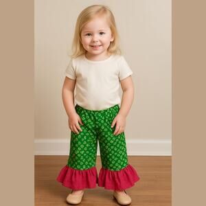 Boutique Girls Pants Sz 3 4 Green Floral Red‎ Christmas Trees Snowflakes Ruffles